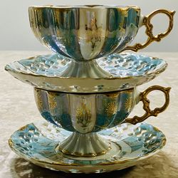 Royal Sealy Japanese  Green & Gold Lusterware Footed Tea Cups and Saucers