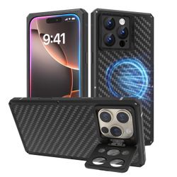 DGYSG Carbon Fiber Case iPhone 16 Pro Max MagSafe Rugged Military Stand Black