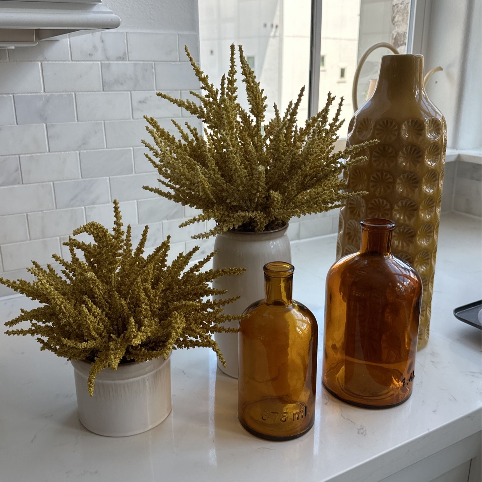 Yellow Decor Vases And Fake Plants 