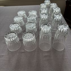 Vintage Drinking Glasses, set of 17, 9 Highball Tumblers 12oz. and 8 Rocks Tumblers 10oz., vertical cut and faceted, very good condition. (possibly Cr