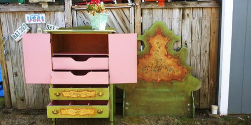 Vintage 1920's Solid Wood Hand Painted Dresser/Armoire/Wardrobe & Matching Tall Scalloped Twin Headboard & Fairy Picture