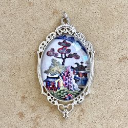 🌳 Beautiful, colorful Asian buildings pagoda tree nature art in silver tone with glass dome circle setting pendant or ornament