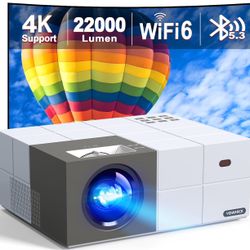 4K Projector with WiFi 6 and Bluetooth 5.3, 22000L Smart Movie Projector, Outdoor Phone Video Projector with 100" Screen, 50% Zoom/450" Display, Compa
