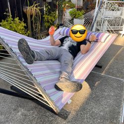 Sunnydaze Quilted Double Hammock with Metal Stand for Outside - 400-Pound Capacity 2-Person Hammock with Stand - 15-Foot Stand - Catalina Beach