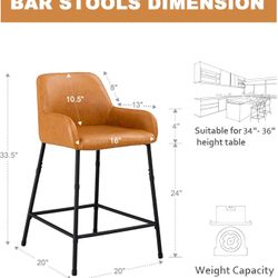 24" Bar Stools Set of 2 with Backs, PU Leather Bar Height Stools for Kitchen Counter, Upholstered Bar Chairs with Arms Metal Bar Stools for Island, Ho