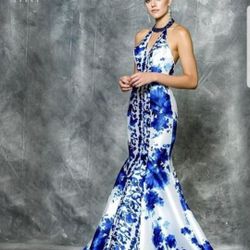 Mermaid Halter Prom Dress Royal Blue Print