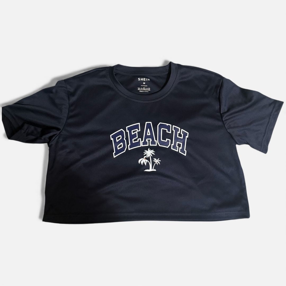 Women’s Medium Navy Blue and White Beach Palm Tree Graphic Short Sleeve Crop Top