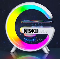 Aeehuck Mini Wireless Speaker with Atmosphere Light, Wireless Charging, Alarm Clock and Bedside Lamp (White)