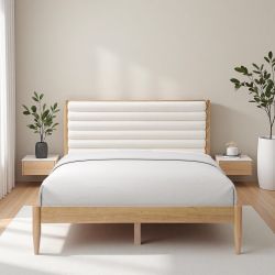 Queen Size Solid Wood Bed Frame With Chenille Upholstered Headboard Bed