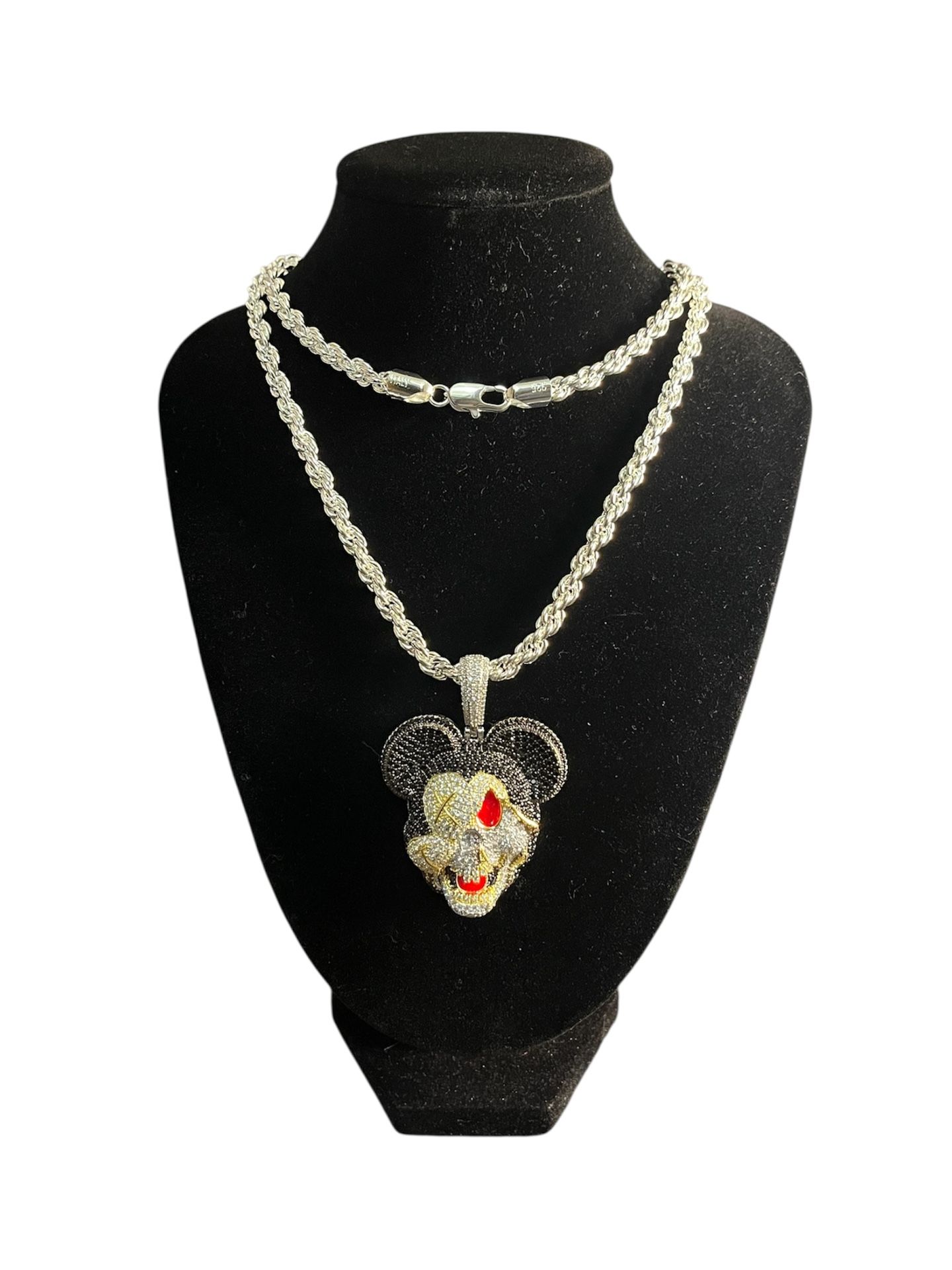 SS925 Iced Out Evil Mickey Mouse Pendant Necklace