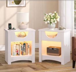 Glossy White 23.62 in. H Nightstand with Power Outlet，USB Ports，Storage Drawer and Light（Set of 2）