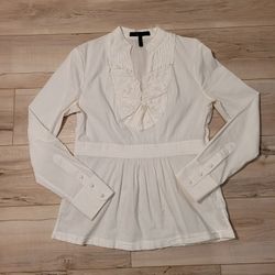 BCBG MAXAZRIA WHITE DETAILED BLOUSE Size MEDIUM SIDE ZIPPER LONG SLEEVE
