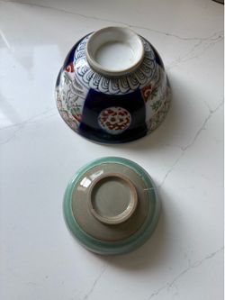 Two Ceramic Bowls One Small Green and One Large Blue Oriental Porcelain Bowl