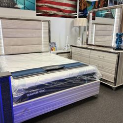 Beige 5pc Bedroom Set W/ Headboard Lights For Sale (furniture Closeout) W/ FREE MATTRESS 
