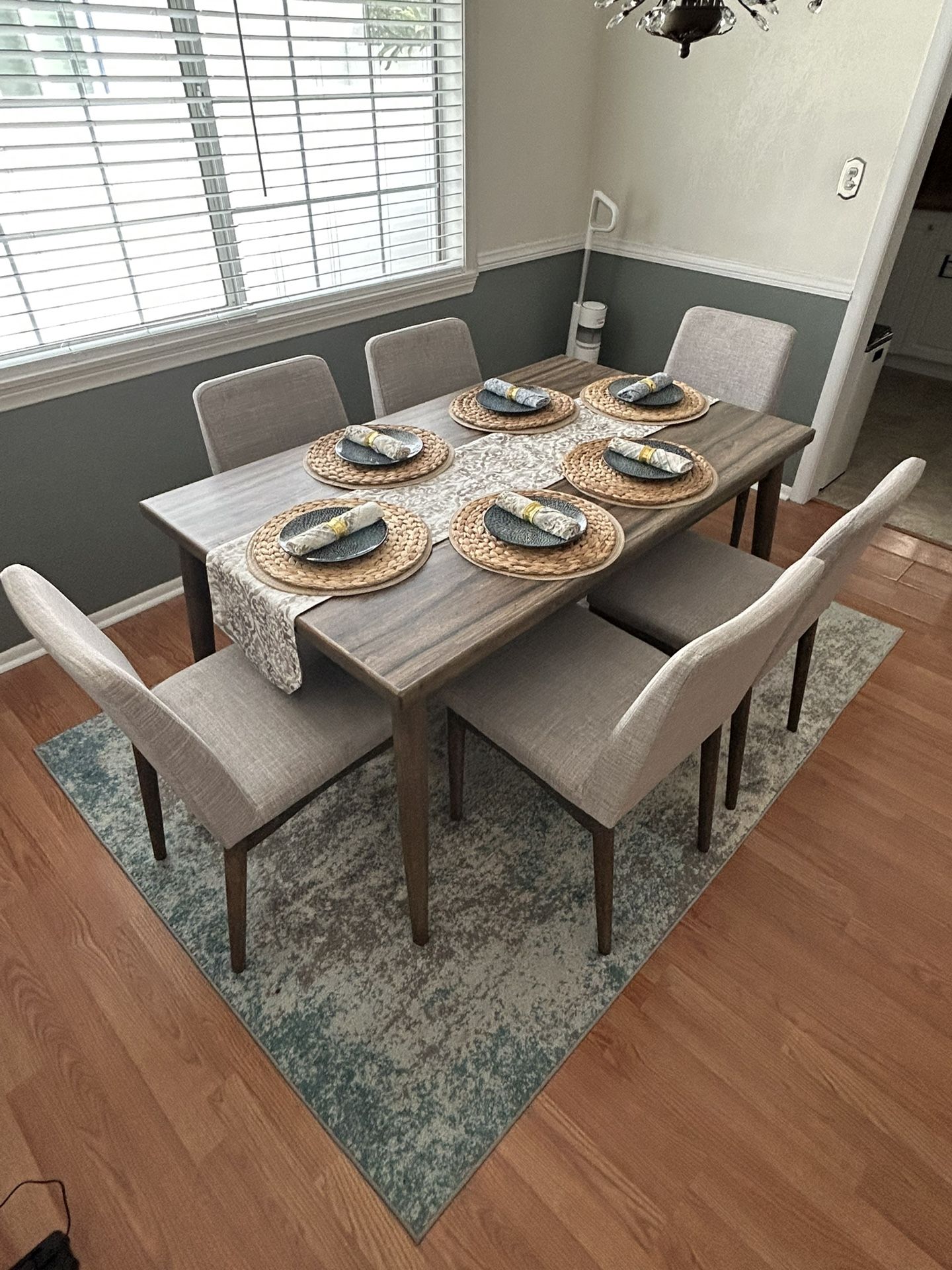 Set of 7-piece Natural Dining Set with a Table and 6 Upholstered Chairs