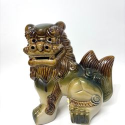 Japanese Okinawan Shisa Statue Green Brown Glazed Ceramic Guardian Lion Dog