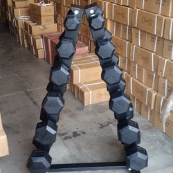 
   RUBBER HEX DUMBBELLS SET:
    5lb - 30lb.  WITH RACK.