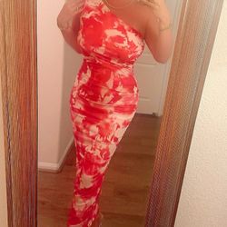 One Shoulder Mesh Midi Dress 