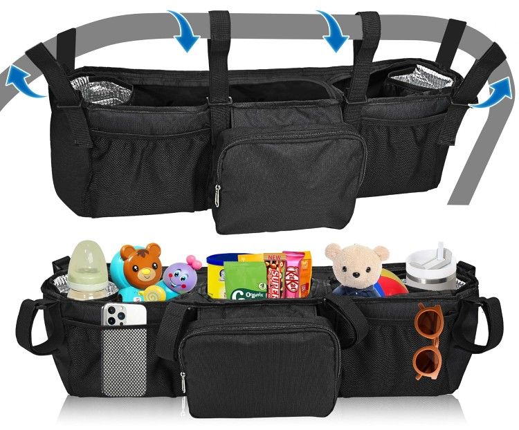 Double Stroller Organizer Stroller Caddy Two Insulated Cup Holders
