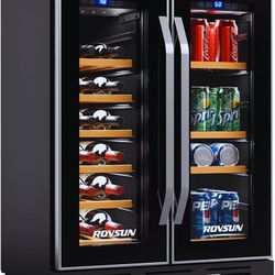 ROVSUN 24 Inch Dual Zone Wine and Beverage Refrigerator, Wine Fridge with Glass Door, Digital Temp Control, 34 Bottle Under Counter Beverage Fridge w/