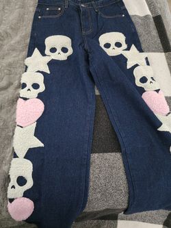 Black Skull & Stars Towel Patch Straight Leg Denim