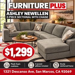 ASHLEY NEWELLEN SECTIONAL — $1,299 🛋️ Spacious 3-piece gray sectional with a comfortable chaise—perfect for relaxing with family or hosting guests.