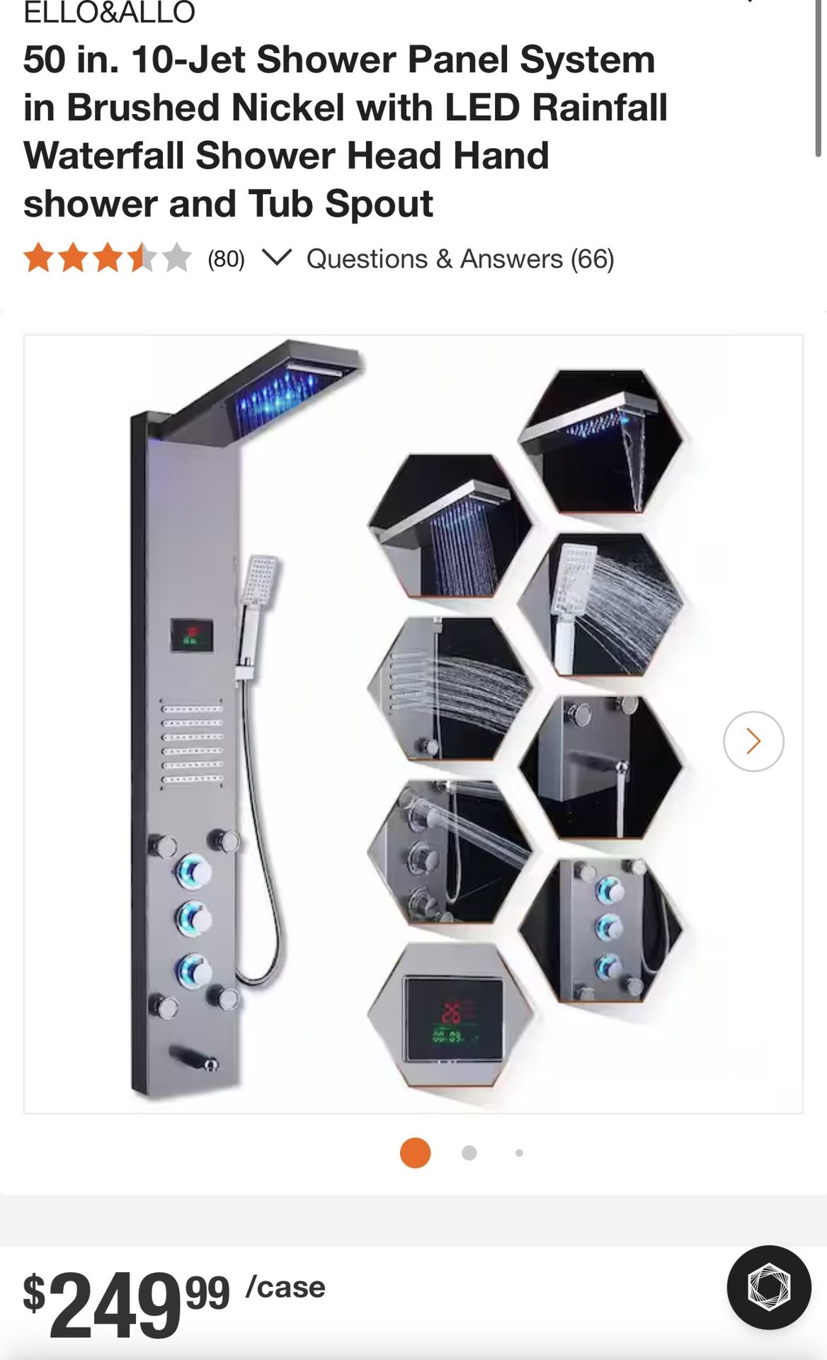 50 in. 10-Jet Shower Panel System in Brushed Nickel with LED Rainfall Waterfall Shower Head Hand shower and Tub Spout