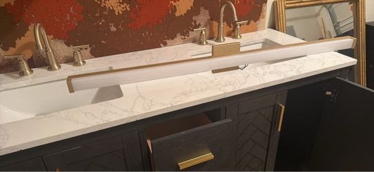 New Double Sink Vanity Set with Gold Faucets, Mirror & Strip Light
