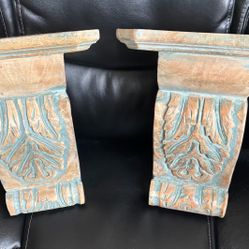 Set Of 2 Solid Wood Carved Corbels Wall Bracket Shelves Pair Aged Wood