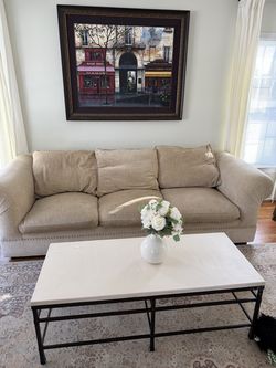 Three seater tan fabric couch best offer