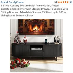 69" Mid-Century TV Stand with Power Outlet, Fluted Entertainment Center with Storage Drawer, TV Console with Sliding Door and Adjustable Shelves, TV S