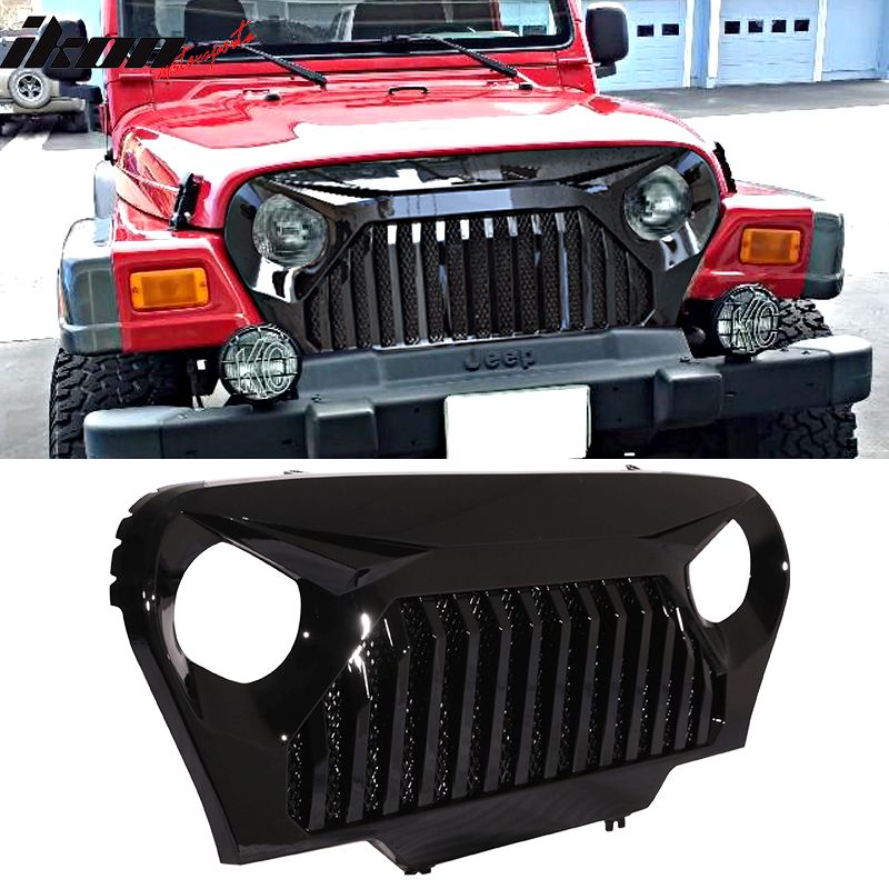 Fits 97-06 Jeep Wrangler TJ V2 Top Fire Style Front Bumper Grille Gloss Black ABS