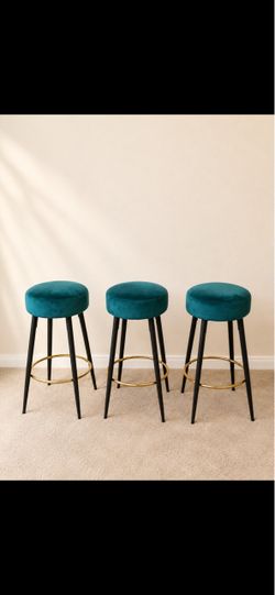 Set of 3 Teal Velvet Bar Stools – Black & Gold