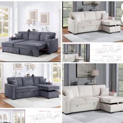 Sectional Sofa Pullout Bed W/Chaise Storage  Fabric Reversible  88”x57”X33”H