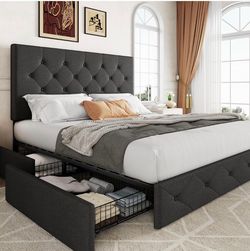 Upholstered diamond tufted queen storage bed frame