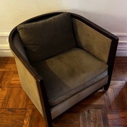 Lovingly Used Barrel-Back Armchair – Velvet + Wood
