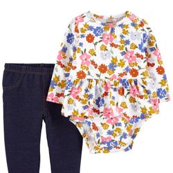 2-Piece Floral Peplum Bodysuit Pant Set - 3M