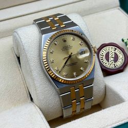1989 Rolex Datejust OysterQuartz 17013 36mm stainless steel 18k yellow gold bracelet factory diamond dial fluted bezel watch box appraisal