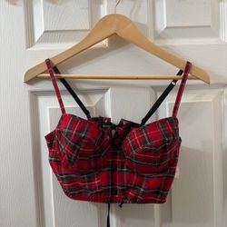 Frederick of Hollywood Red Tartan Plaid Bustier Crop Top