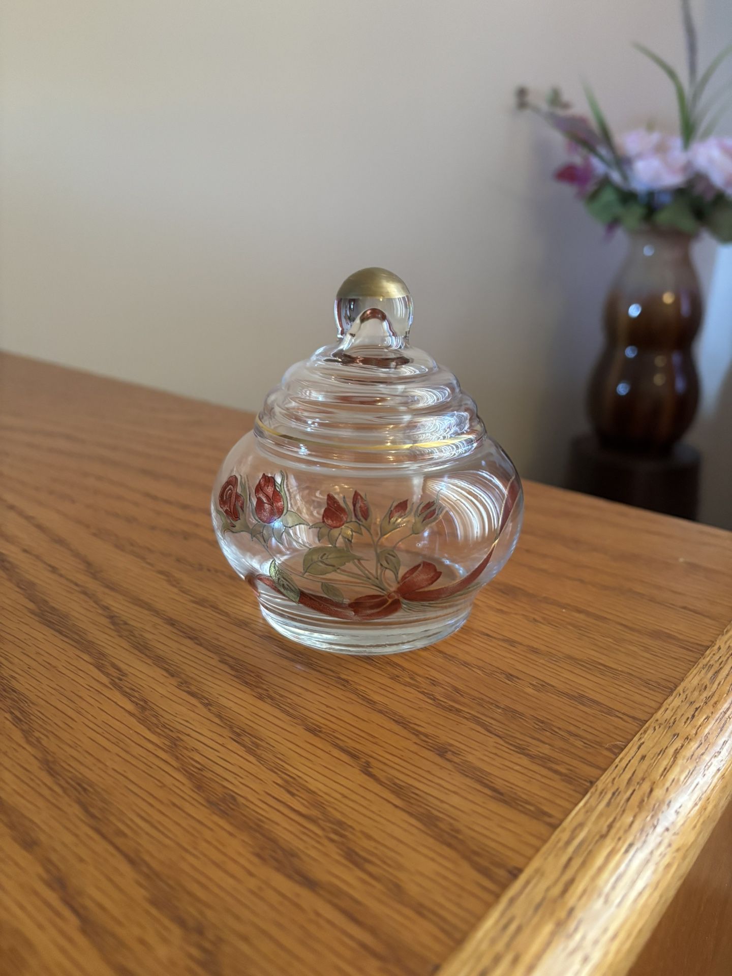 Glass Trinket Dish with Lid Floral Flowers Gold Red Roses Ribbon