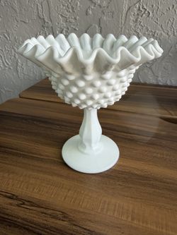 Vintage Fenton Hobnail Milk Glass Crimped Edge Compote 6 inches
