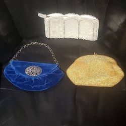 3 Vintage/Retro Cluch Purses Regale White Faux W/Silver Beads,Gold Beaded,Blue Velvet ALL NEW