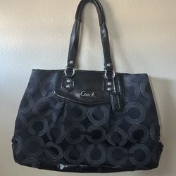 COACH Ashley Black Dotted Op Art Large Patent Leather Shoulder Bag F20049