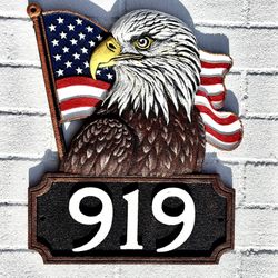 Patriotic house number, Custom Address Plaque, address plate with American Flag and Eagle