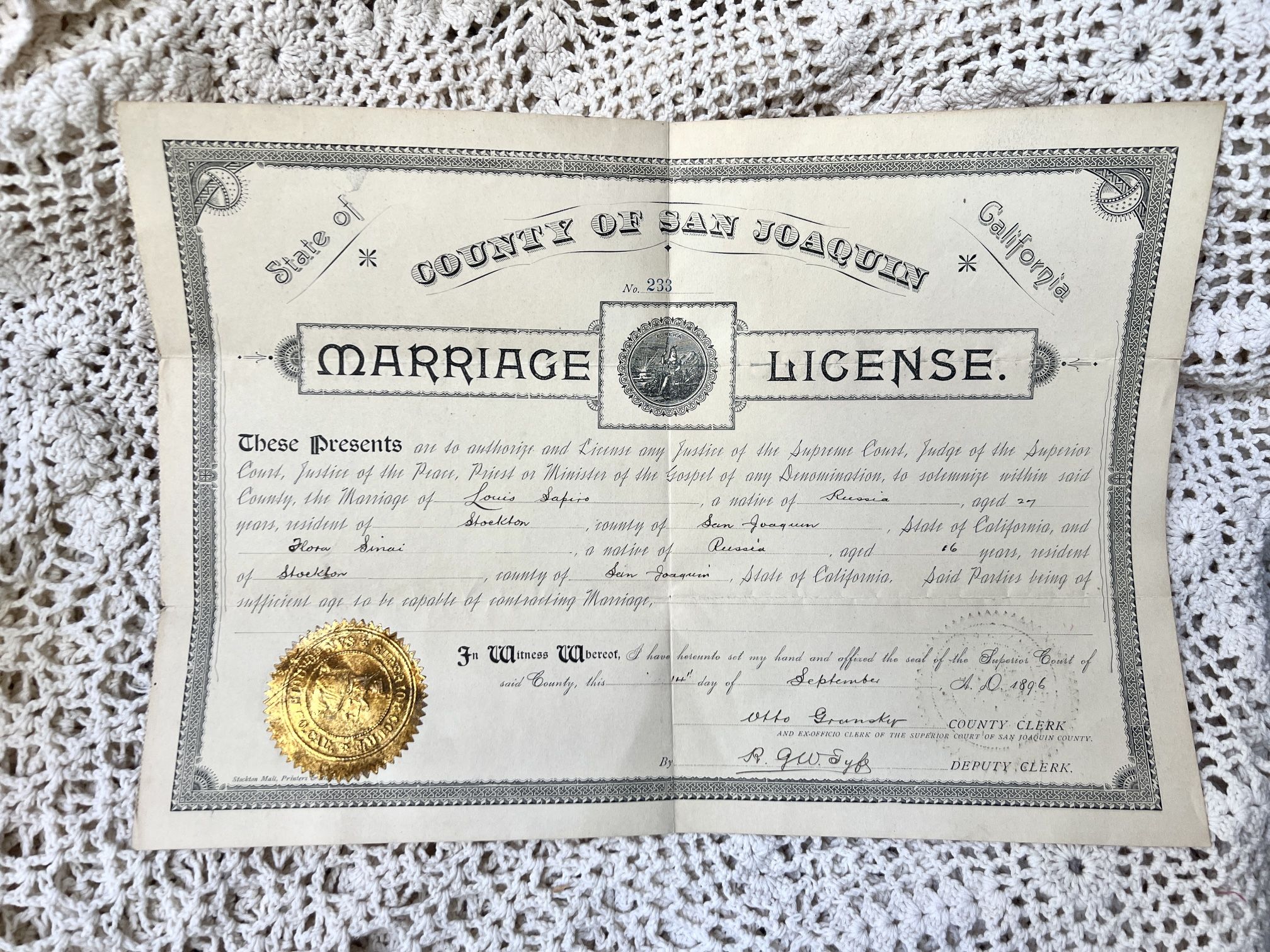 Rare Original Marriage License from 1896. County Of San Joaquin