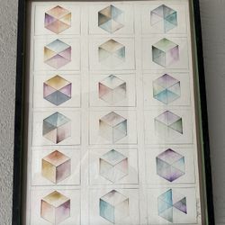 Vintage Geometric Op Art Water Color Mid Century Modern Wall Art Signed Cubist