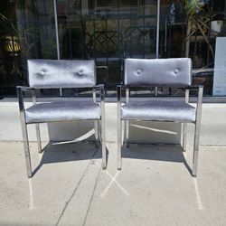 Milo Baughman Armchairs In Silver Greek Key Velvet