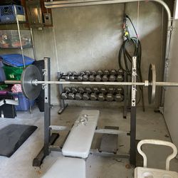 Weight Set (Bar, Rack, Bench, Plates) And Dumbbell Set 