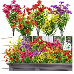 12 Bundles Artificial Fake Flowers for Outdoor Spring Summer Decoration, Faux Plants Flowers Silk Colorful Mix Daisy Realistic UV Resistant for Porch 