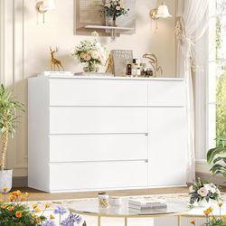 White Dresser with 19.5'' Deeper Depth, Modern Dresser White Chest of Drawers with Door for TV Stand, Deep Drawers and Wide Storage Space